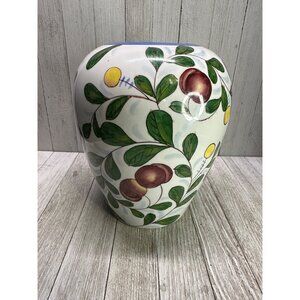 Vintage Chinese Cherry Berry Fruit Painted Vase Jar Red Stamped 8 Inches Tall